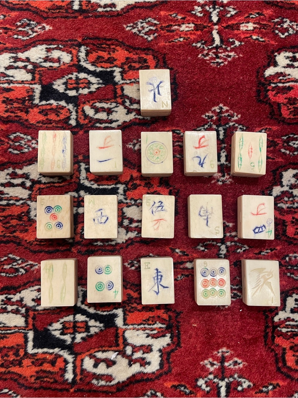 Set Of 16 Vintage hand-carved Chinese Mahjong tiles bone faces bamboo backs